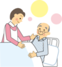ベッドに横たわるお年寄りとそれを介護する介護士のイラスト