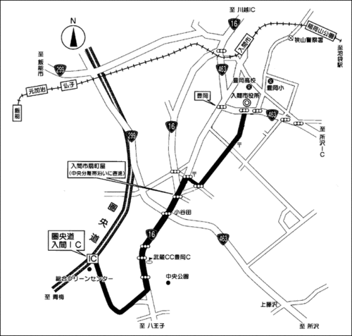 圏央道入間インターチェンジから入間市役所までの経路を示した地図