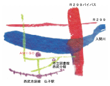 デフォルメ、イラスト調に描いた文化創造アトリエ 「アミーゴ」付近地図の画像