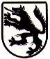 白い背景に、黒い線で盾の形を象った枠の中に、黒い狼が両手と赤い舌を前に出したシルエットが描かれた紋章