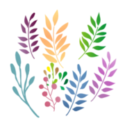 白地の背景に上段に3本と下段に4本の計7本の植物のイラストが並んでいる画像、上段は左は深紫色、中央は薄橙色、右は緑色、下段は左は水色、中央左側は朱色や黄色や緑色、中央右側は紺色、右は薄紫色でそれぞれ着色されている。