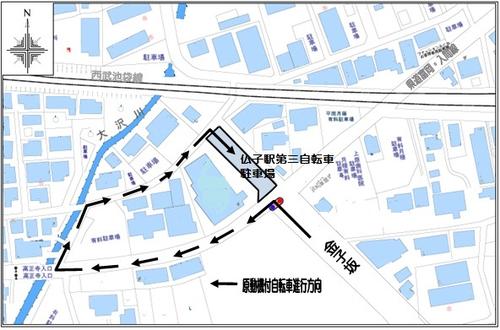 仏子駅第三自転車駐車場の原動機付自転車出入り口を示した地図