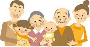 真ん中に赤ちゃん、その左右横におじいちゃん、おばあちゃん、そのまた横にお父さん、お母さんと娘がにっこり微笑んでいる絵の画像