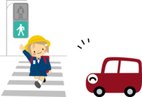青信号の横断歩道を手をあげながら渡る児童と、笑顔で渡るのを待つ赤い自動車のイラスト