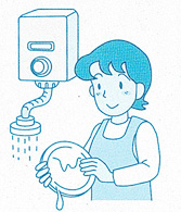 お皿を手に持ち食器洗いをしている様子の女性を描いたイラスト