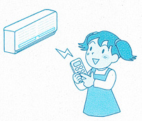 リモコンを手に持ち、エアコンの操作をしている女の子の様子を描いたイラスト