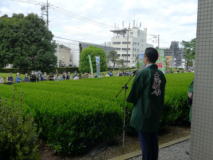 さやま茶と書かれたはっぴを着た男性が、茶畑をはさんで参加者たちに向かって話している写真