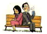 頬を赤らめた女性とお茶を手に持ち飲んでいる男性がベンチで背中合わせに座っている様子のイラスト