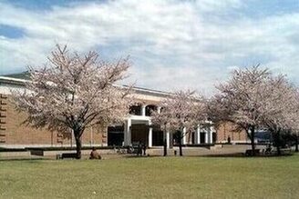 入口正面に原っぱが広がり、数本の桜の木が植えられている博物館ALITの外観写真