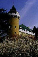 緑の屋根とレンガ調のお城のような建物と桃色に咲くの木の写真