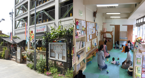 二枚の写真が横並びにくっついた画像。左側の写真は「子育て支援あいくる」の看板がついた白い建物。右側の写真は複数の大人と子供が本棚のある部屋で遊んでいる。