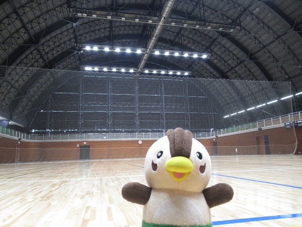 天井が高く、大きな面積の体育館をバックに、入間市のマスコットキャラクター「いるティー」が写っている写真