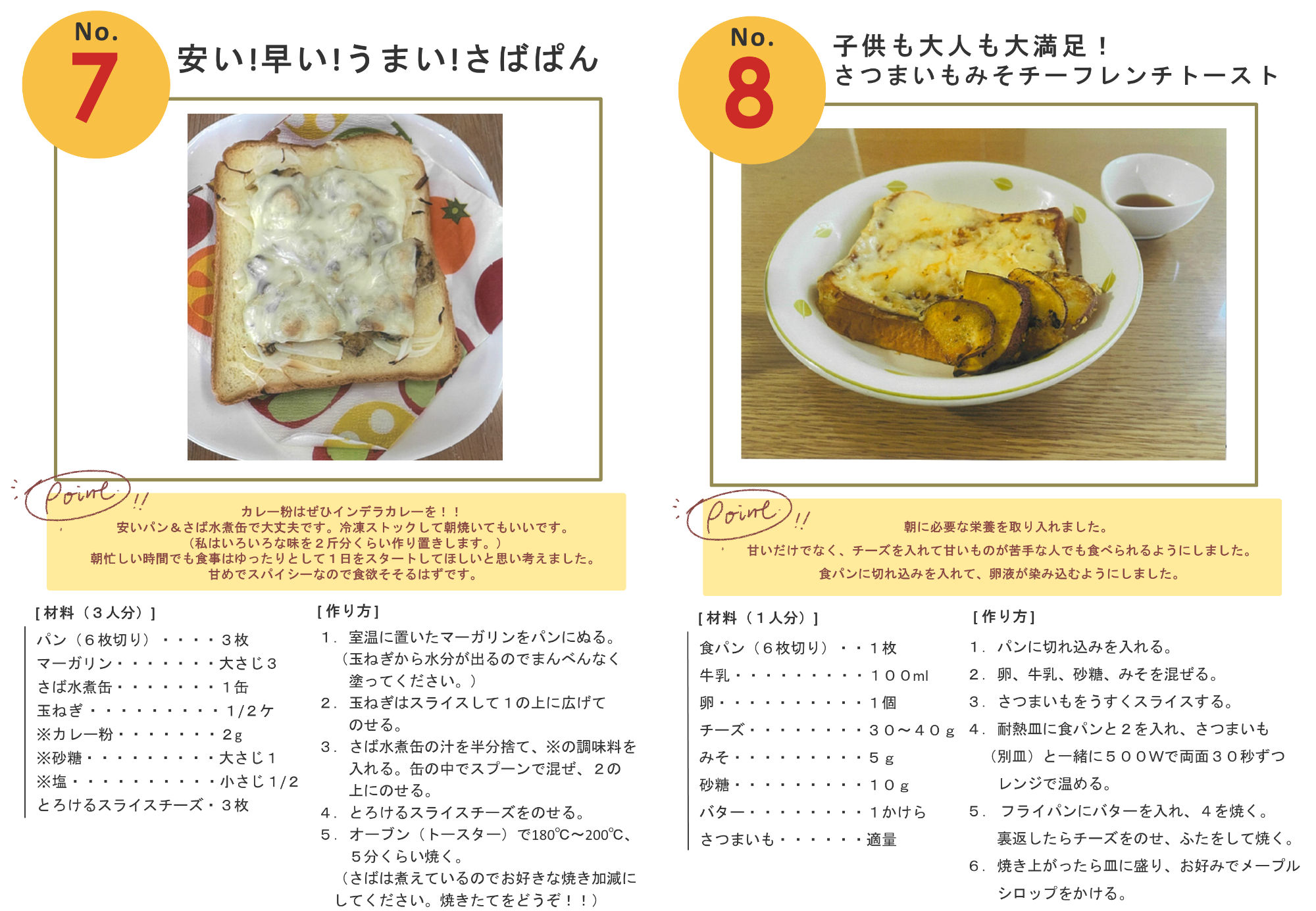 No.7早い！安い！うまい！さばぱん　No.8大人も子供も大満足！さつまいもみそチーフレンチトースト