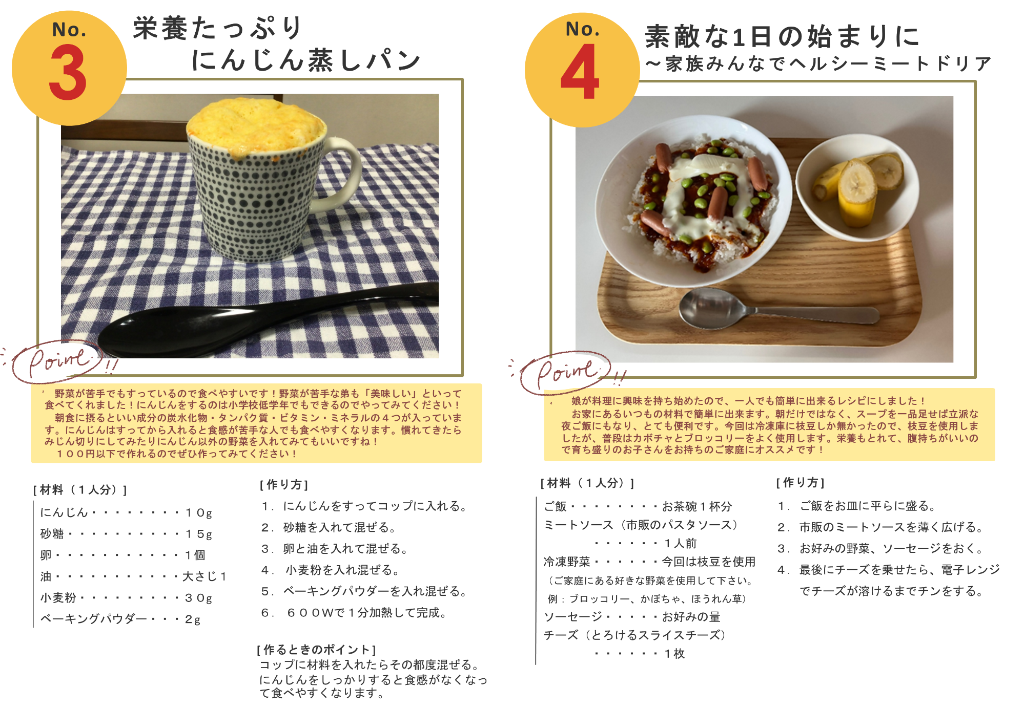 No.3栄養たっぷりにんじんむしぱん、No.4家族みんなでヘルシーミートドリア