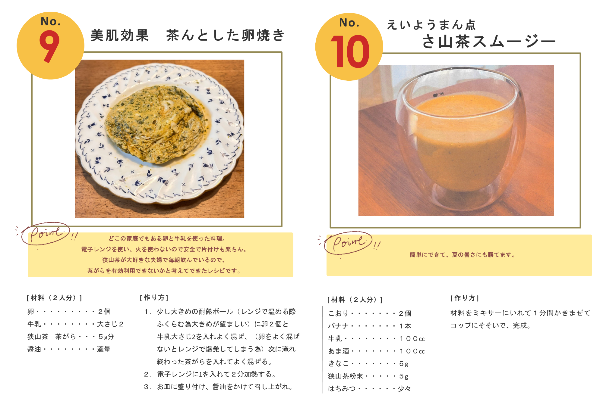 No.9美肌効果茶んとした卵焼き　No,10えいようまん点狭山茶スムージー