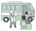 指示に従って避難用バスに乗っていく市民の様子のイラスト