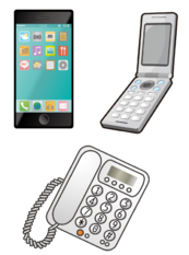 スマートフォン、折り畳み式の携帯電話、ダイヤルプッシュ式の置き電話のイラスト
