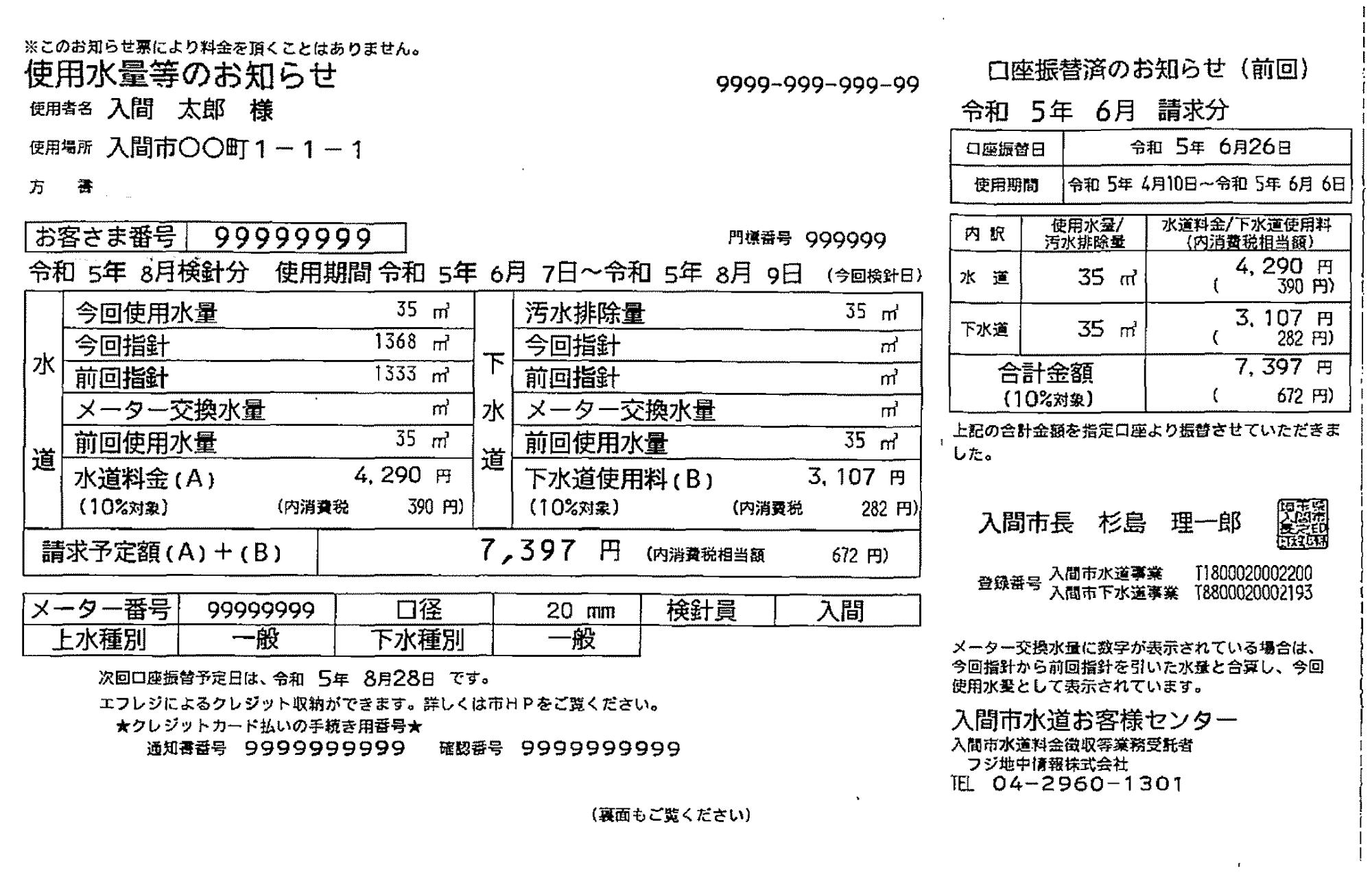 使用水量等のお知らせの表の写真