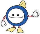 丸くて青い胴体に白い顔があり手足が生え頭にヒレが付いているキャラクターのイラスト