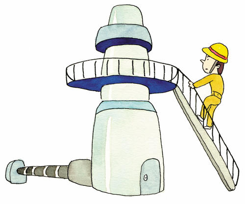 黄色い作業着とヘルメットの男性が下水処理場の施設の外階段を上っているイラスト