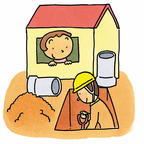 赤い屋根の家から少年が地面を工事している男性を見ているイラスト