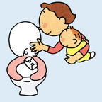 赤ちゃんを抱いた女性がトイレの中に丸めたおむつを投げているイラスト