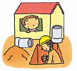 赤い屋根の家から少年が地面を工事している男性を見ているイラスト