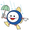 青くて丸い体に白い顔があり手足が生えているキャラクターが雨の中傘をさしているイラスト