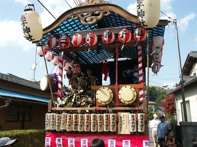「西三ツ木囃子連」「金子神社」と書かれた提灯の付いた山車でお面を着けて踊る人の写真